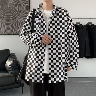 【人気】チェック柄　長袖　シャツ　ジャケット　白黒　2XL　メンズ　ストリート(シャツ)