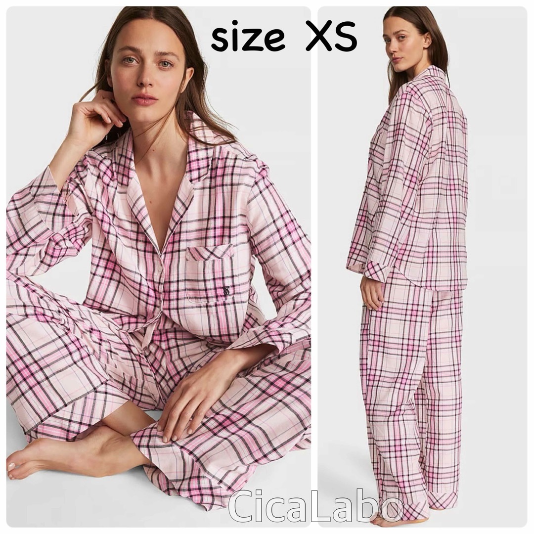 Victoria's Secret(ヴィクトリアズシークレット)の【新品】VS フランネル シャツ パジャマ ピンクホワイトチェック XS.R レディースのルームウェア/パジャマ(パジャマ)の商品写真