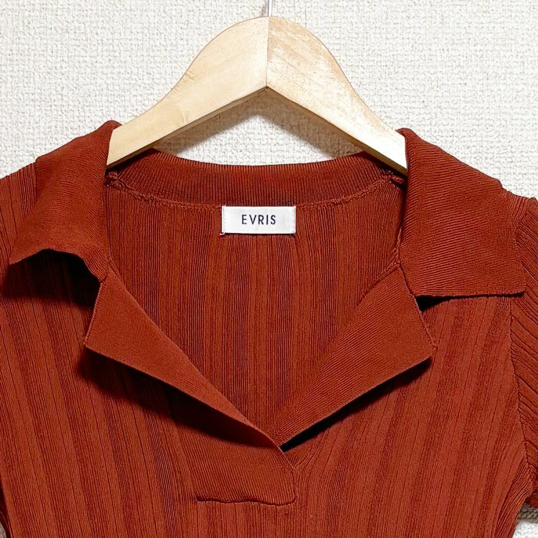 EVRIS(エヴリス)のEVRIS エヴリス　ニット　半袖　茶色　襟付き　ランダムリブ　ブラウン レディースのトップス(ニット/セーター)の商品写真