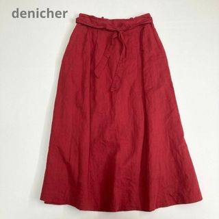 リネンロングスカート　denicher  赤　ウエストゴム　リボン　ギャザー　麻(ロングスカート)