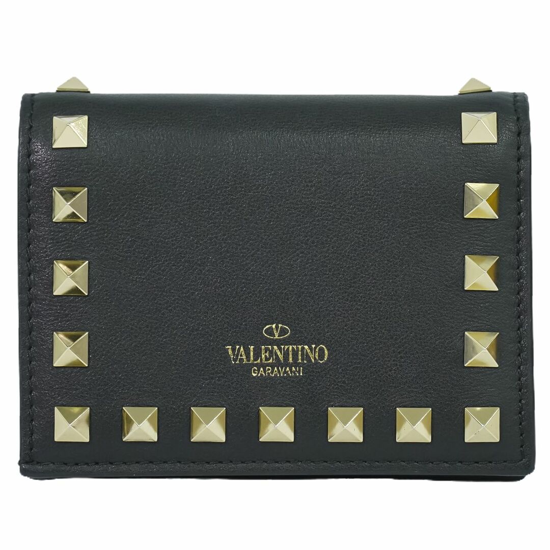 VALENTINO(ヴァレンティノ)の本物 ヴァレンティノ ガラヴァーニ VALENTINO GARAVANI ロックスタッズ 折財布 コンパクトウォレット レザー ブラック Rockstud 財布 ウォレット 中古 レディースのファッション小物(財布)の商品写真