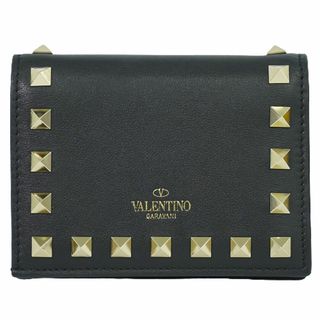 ヴァレンティノ(VALENTINO)の本物 ヴァレンティノ ガラヴァーニ VALENTINO GARAVANI ロックスタッズ 折財布 コンパクトウォレット レザー ブラック Rockstud 財布 ウォレット 中古(財布)