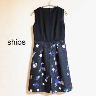 シップス(SHIPS)の美品　ships シップス　上質ノースリーブ　ワンピース　スカート花柄+地模様(ひざ丈ワンピース)