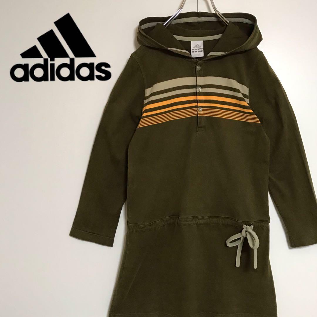 adidas(アディダス)の【希少デザイン】アディダス　ロゴ入りミニワンピース　小さめ　カーキ　H665 レディースのワンピース(ミニワンピース)の商品写真