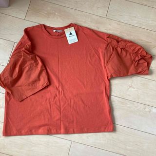 新品　綿カットソー　半袖Ｔシャツ　袖シャーリング　女性　Ｍ　オレンジ色　橙色(Tシャツ/カットソー(半袖/袖なし))