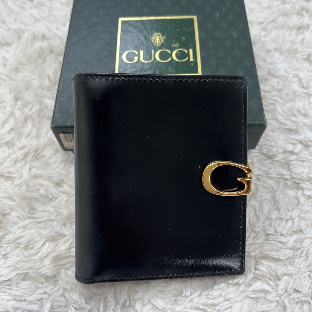 Gucci(グッチ)のヴィンテージGUCCI  グッチ  オールドグッチ 二つ折り財布　黒×ゴールド レディースのファッション小物(財布)の商品写真