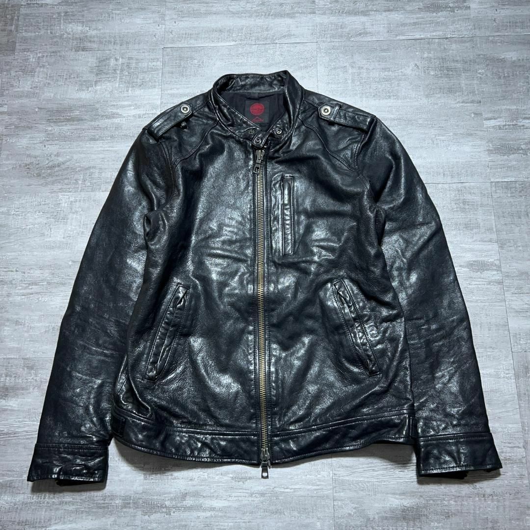 本革 シングルライダースジャケット L レザー ブラック 黒 メンズ バイカー メンズのジャケット/アウター(レザージャケット)の商品写真