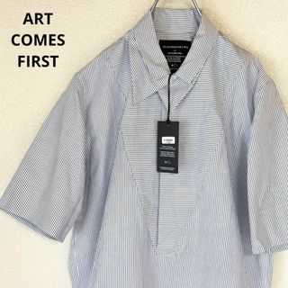 アートカムズファースト(ART COMES FIRST)の新品　アートカムズファースト　二重襟　ストライプシャツ　半袖　ブルー系　S相当(Tシャツ/カットソー(半袖/袖なし))