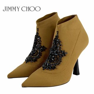 JIMMY CHOO - ジミーチュウ JIMMY CHOO SABER 100 ブーツ ショートブーツ 靴 シューズ ファブリック キャメル ブラック 未使用 ソックスブーツ ブーティ ビジュー ニット