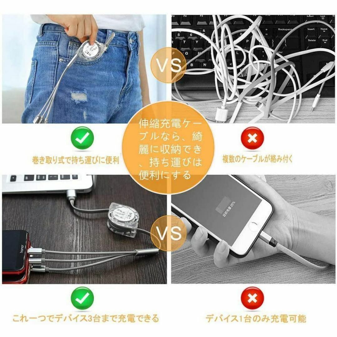 1本 ピンク 3イン1 充電ケーブル 充電器 iPhone タイプC スマホ/家電/カメラのスマホアクセサリー(その他)の商品写真