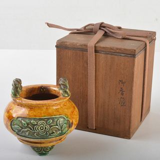 中国　三彩　花文　沖耳爐　三足香炉　時代箱　V　R7159(陶芸)