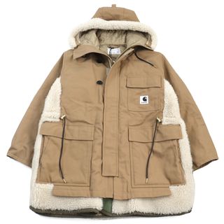 未使用品○Sacai サカイ Carhartt カーハート 23AW 23-03109 M Canvas Parka Siberian キャンバスパーカーシベリアンコート コットン100% ダブルネームロゴワッペン付き ボア切替 中綿入り フーデッド コート カーキ 1 ハンガー・ガーメント付き 日本製 正規品