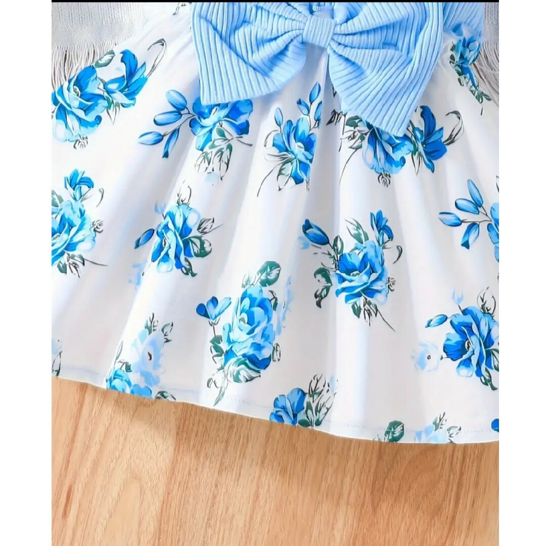 リボン付き　ブルー　ワンピース　８０センチ　９０センチ　女の子 キッズ/ベビー/マタニティのベビー服(~85cm)(ワンピース)の商品写真