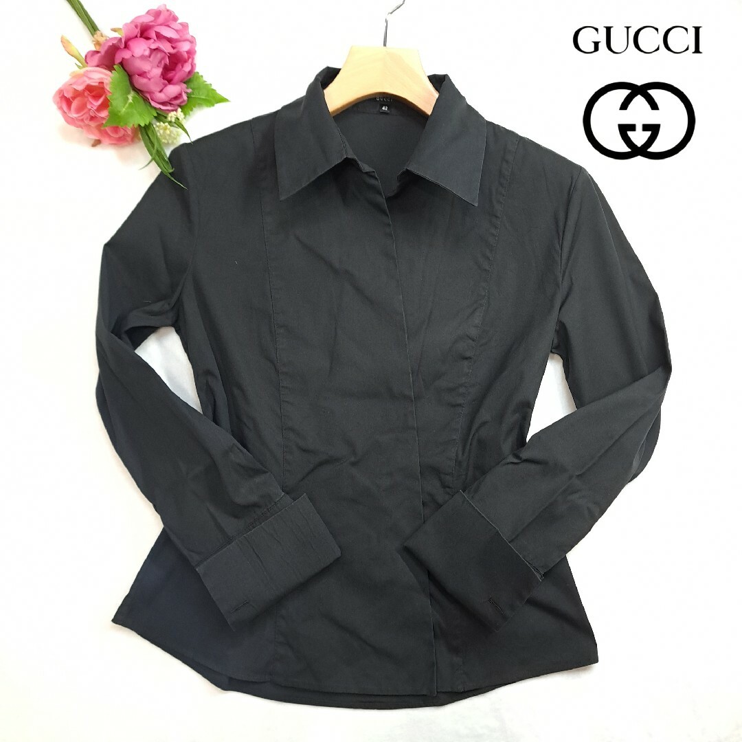 Gucci(グッチ)の【希少サイズ】GUCCI 長袖 ブラウス シャツ 無地 シンプル 黒 XL 42 レディースのトップス(シャツ/ブラウス(長袖/七分))の商品写真
