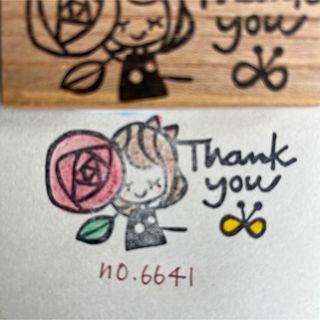 スタンプ　No. 6643 Thank you バラを抱えた女の子(はんこ)