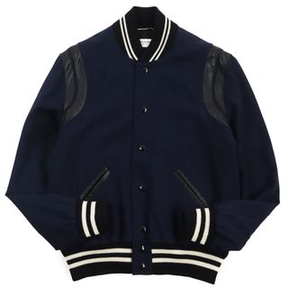 サンローラン(Saint Laurent)の極美品●SAINT LAURENT PARIS サンローランパリ 354718 テディジャケット ラムレザートリム スタジャン ブルゾン ネイビー ブラック 48 イタリア製 正規品 メンズ(ブルゾン)