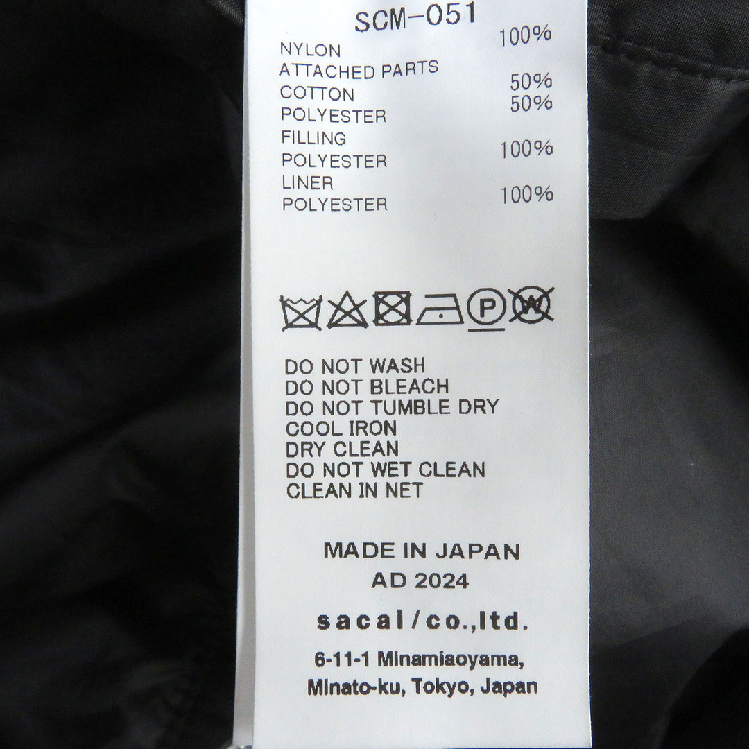 sacai(サカイ)の極美品□Sacai サカイ 2024年製 SCM-051 WZIP ナイロンツイル 中綿入り ボンバージャケット ブルゾン MA-1 ブラック 3 日本製 正規品 メンズ メンズのジャケット/アウター(その他)の商品写真