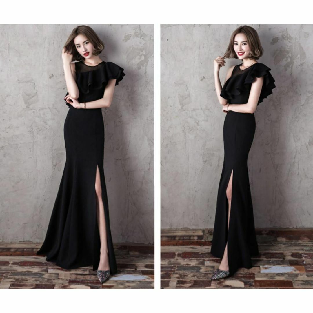 ロングドレス キャバドレス フリルオフショルダー パーティーセクシー人気S黒 Ｇ レディースのフォーマル/ドレス(その他ドレス)の商品写真