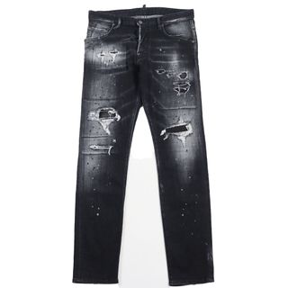 ディースクエアード(DSQUARED2)の美品●DSQUARED2 ディースクエアード 20AW S78LB0037 SKATER JEAN 25周年記念 レザーパッチ付き ペンキ加工 ジーンズ クラッシュデニムパンツ ブラック 48 イタリア製 正規品 メンズ(デニム/ジーンズ)