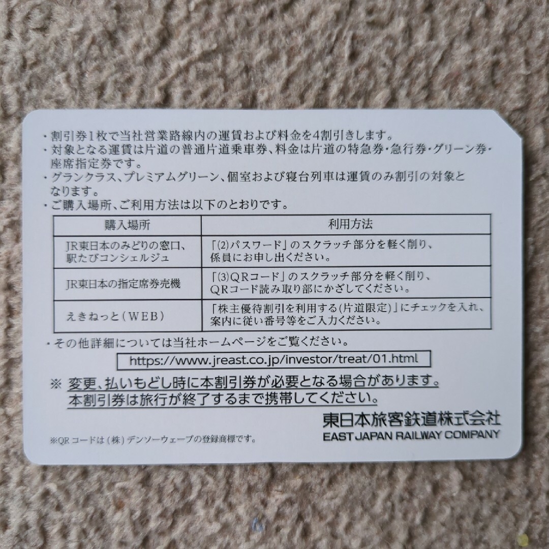 2枚　ラクマパック発送　JR東日本　4割引　割引券 チケットの乗車券/交通券(鉄道乗車券)の商品写真