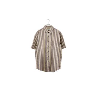 L.L.Bean stripe shirt エルエルビーン 半袖シャツ サイズL リネン系 ストライプ ブラウン系 パープル系 ヴィンテージ ネ(シャツ)