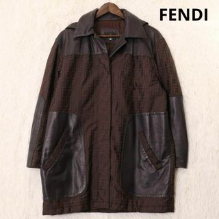 フェンディ(FENDI)のフェンディ　ズッカ柄　ロゴ　レザー切り替え　フーデッドコート　ブラウン　ロング(トレンチコート)