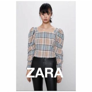 ザラ(ZARA)の【ZARA】チェック柄パフスリーブトップスショート丈xs(シャツ/ブラウス(長袖/七分))