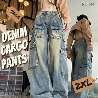 デニム カーゴパンツ 2XL ジーンズ デニムパンツ ストリート 韓国系 ワイド(デニム/ジーンズ)