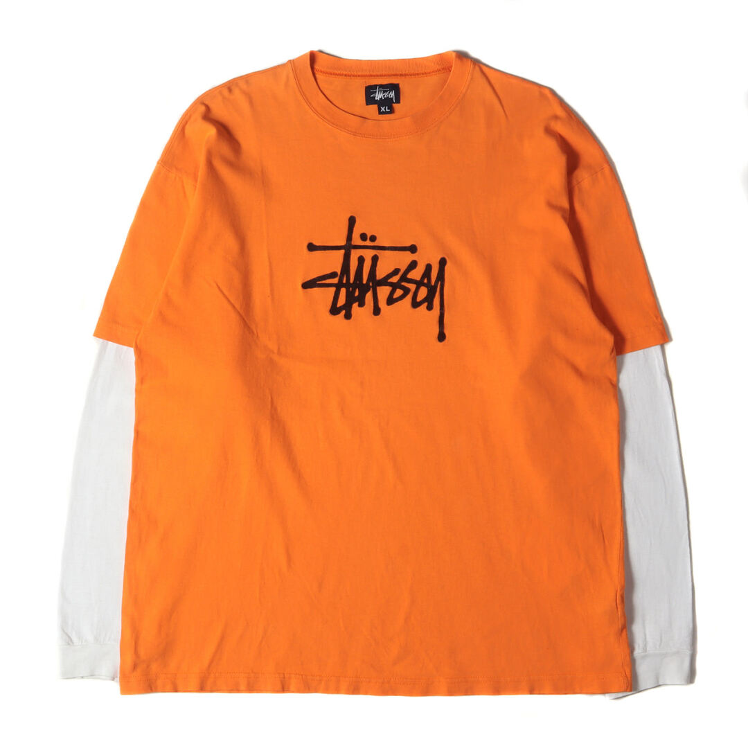 STUSSY(ステューシー)のSTUSSY ステューシー Tシャツ サイズ:XL 00s OLD STUSSY 袖レイヤード ロングスリーブTシャツ USA製 オレンジ ホワイト 90年代 トップス カットソー 長袖【メンズ】【中古】 メンズのトップス(Tシャツ/カットソー(七分/長袖))の商品写真