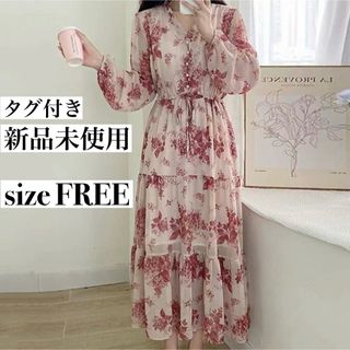 【新品未使用】ワンピース シフォンワンピース ロングワンピース 花柄 ボタニカル(ロングワンピース/マキシワンピース)