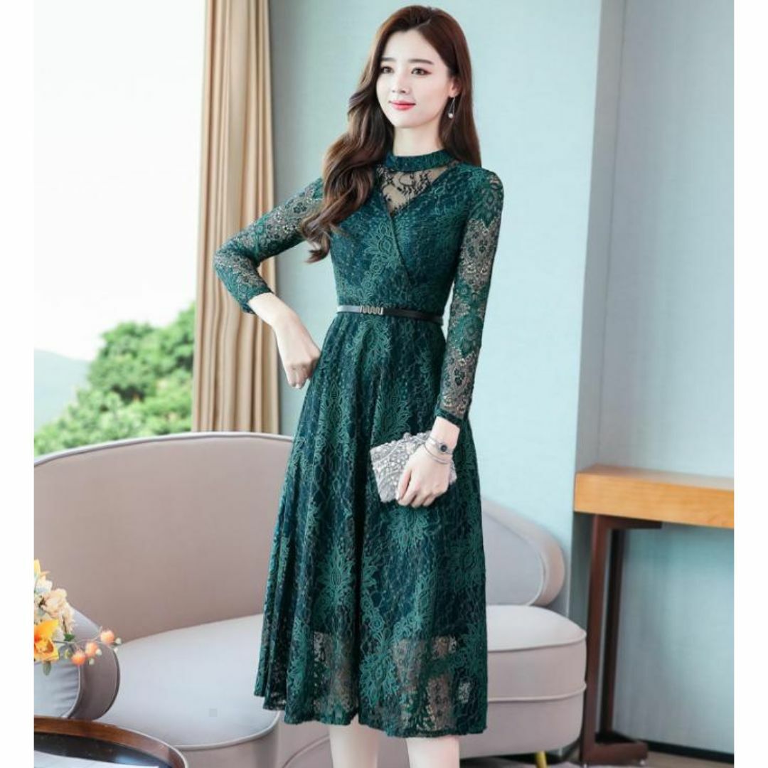 18　ワンピースドレス総レース結婚式お呼ばれパーティー人気お洒落 上品韓国緑XL レディースのフォーマル/ドレス(その他ドレス)の商品写真
