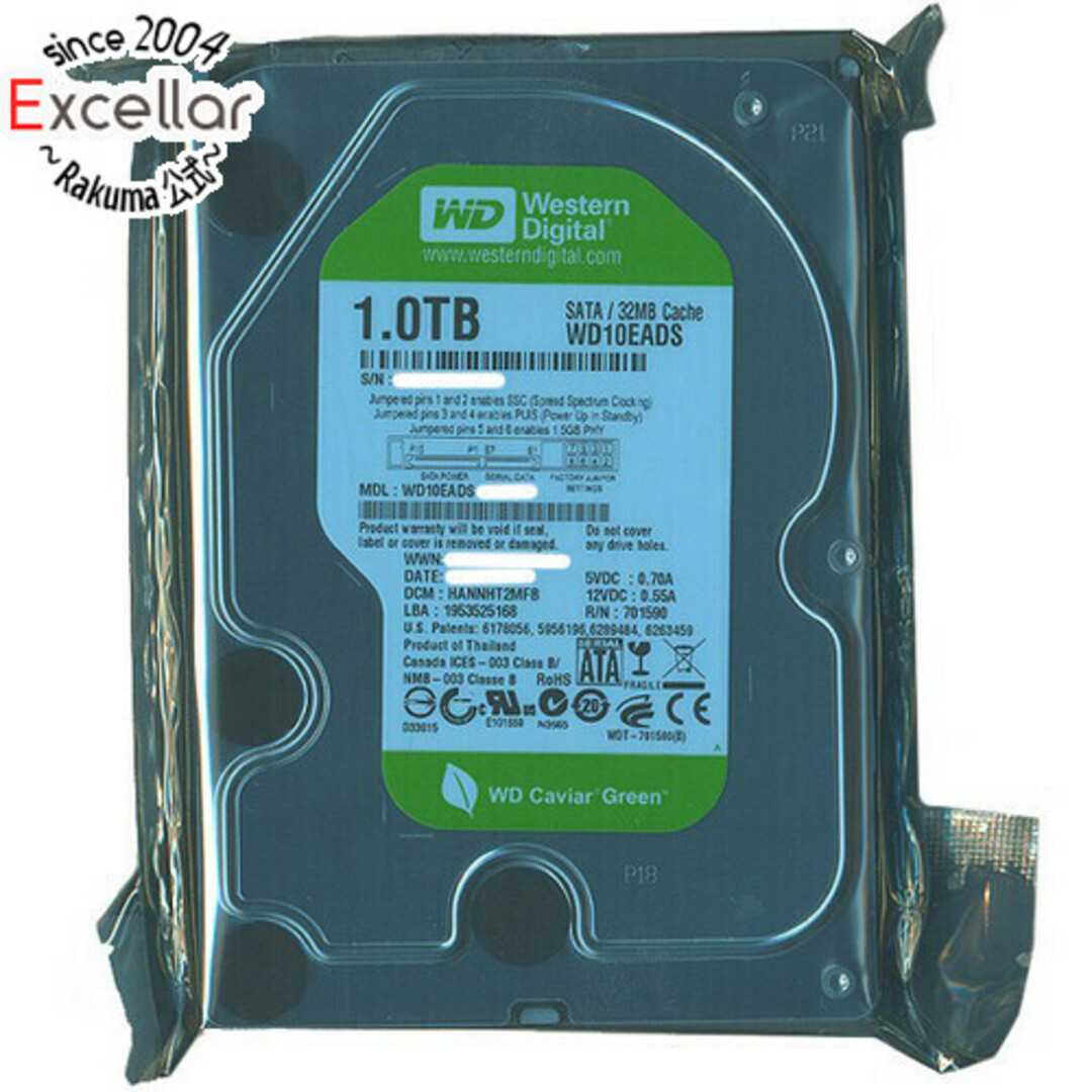 Western Digital(ウェスタンデジタル)のWestern Digital製HDD　WD10EADS　1TB SATA300　9000～10000時間以内 スマホ/家電/カメラのPC/タブレット(PC周辺機器)の商品写真