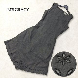 エムズグレイシー(M'S GRACY)のエムズグレイシー ✿ デニム 花 カットワーク ワンピース 11 M L 春夏(ひざ丈ワンピース)