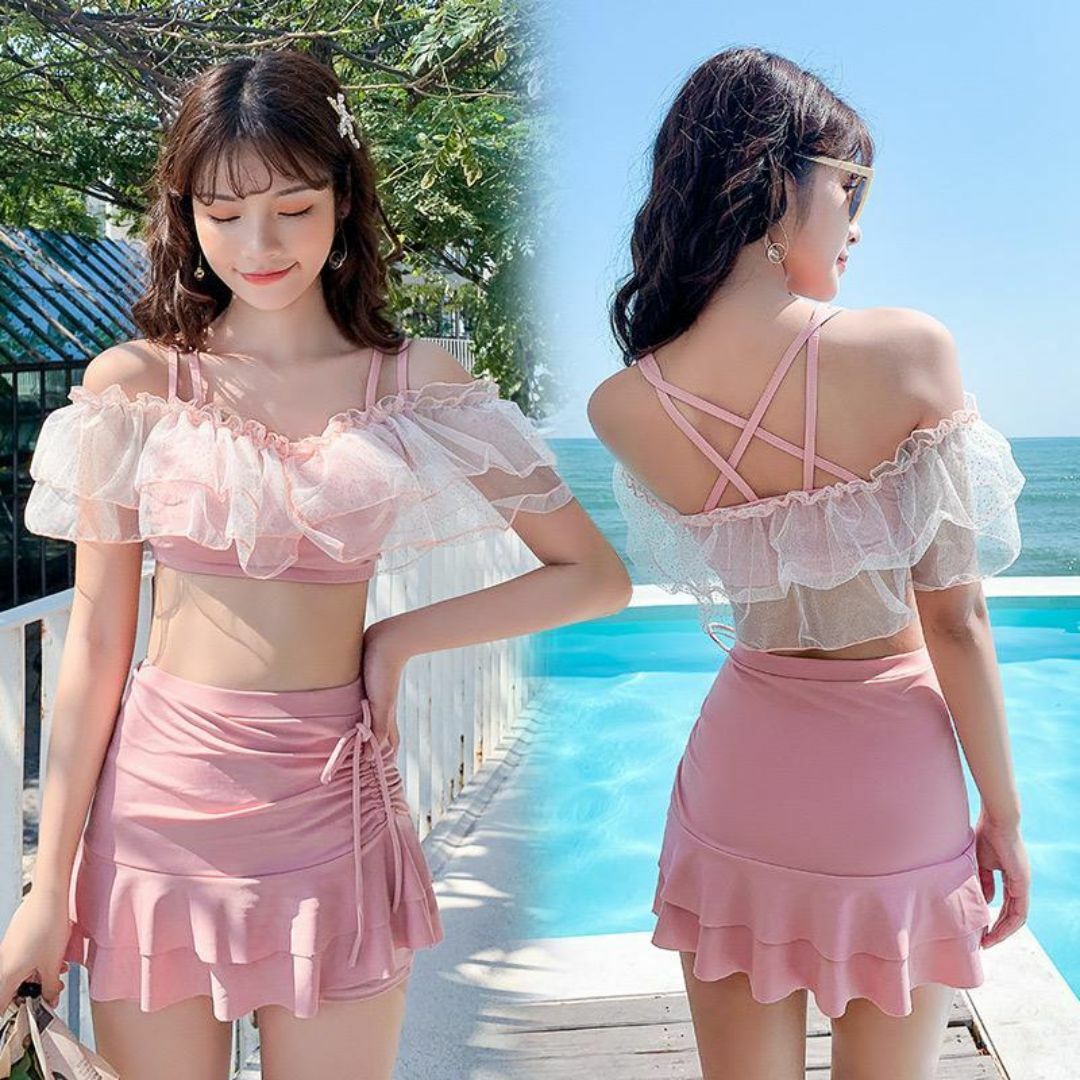 水着♡体型カバー♡かわいい・韓国・ビキニ・フリル・韓国 大人　Lサイズ　ピンク レディースの水着/浴衣(水着)の商品写真