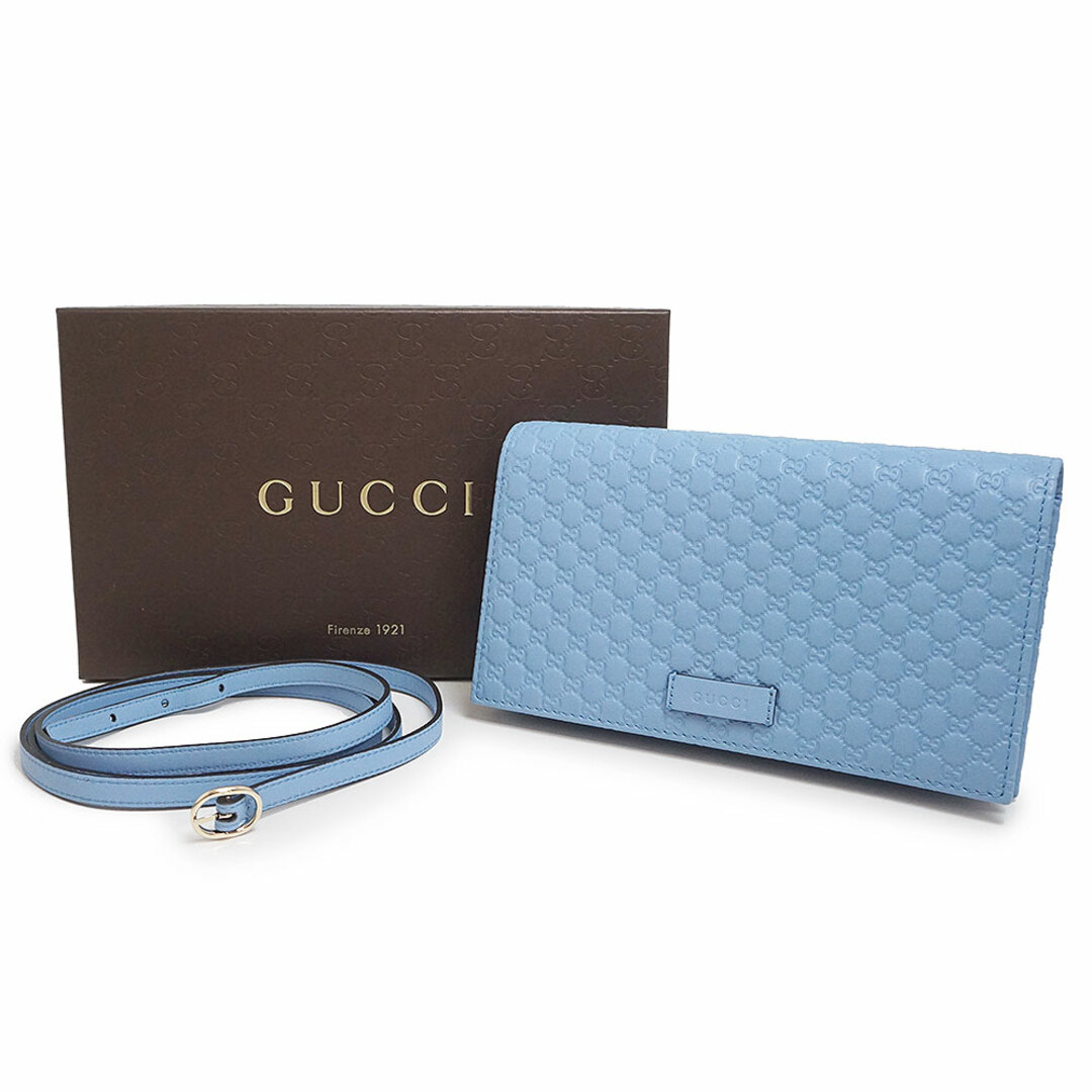 Gucci(グッチ)のグッチ 2WAY クラッチ セカンドバッグ ショルダーウォレット 斜め掛け 長財布 マイクログッチシマレザー ライトブルー 青 ゴールド金具 466507 BMJ1G 4503 箱付 GUCCI（新品・未使用品） レディースのバッグ(ショルダーバッグ)の商品写真