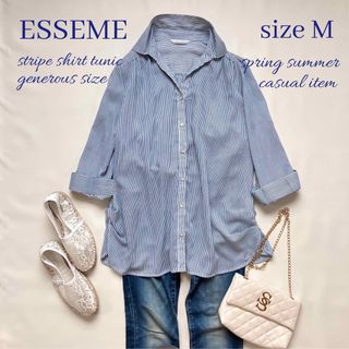 ◆美品◆ESSEME◆ストライプシャツチュニック◆七分袖◆白×青ブルー◆前開き(シャツ/ブラウス(長袖/七分))