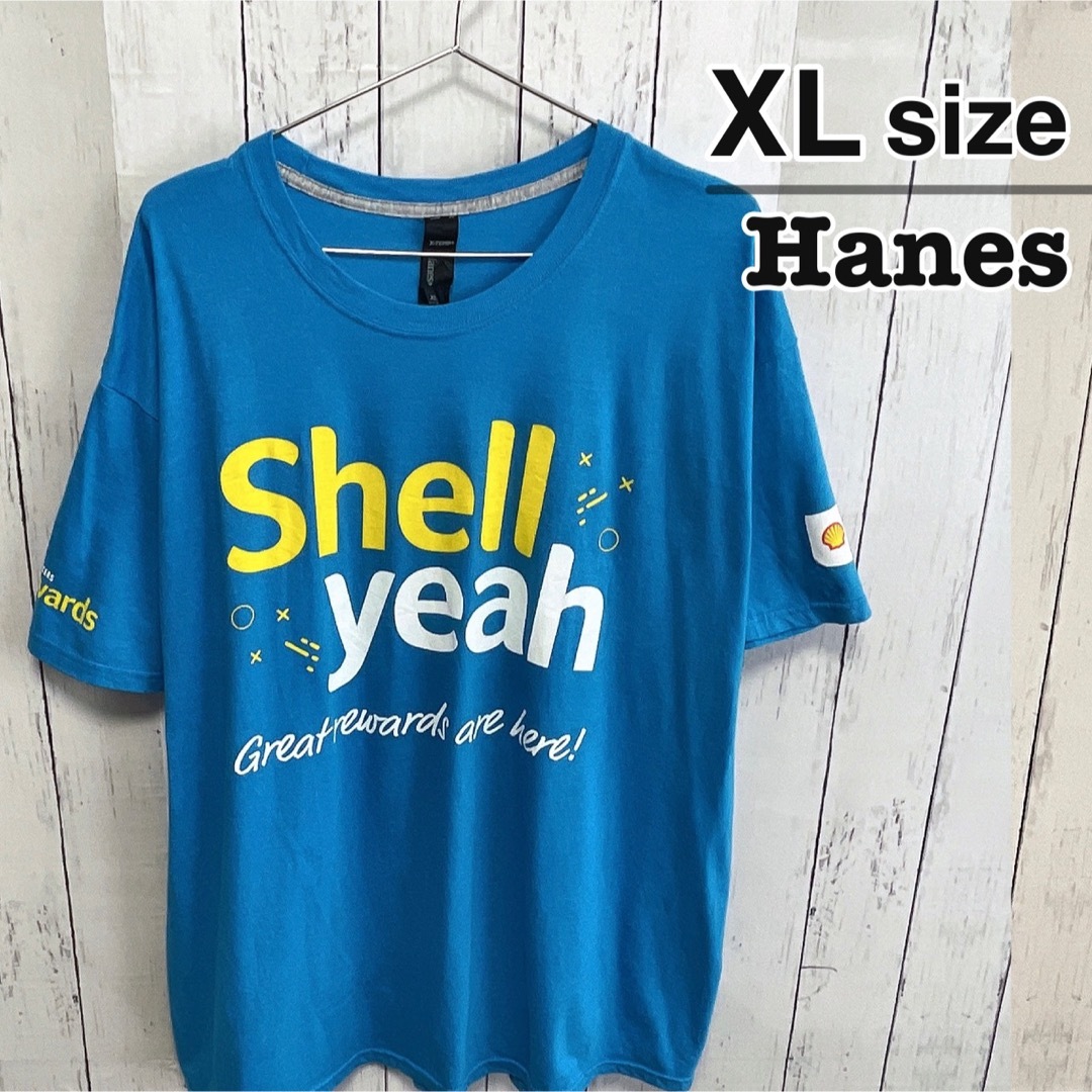 Hanes(ヘインズ)のHanes　Tシャツ　XL　ブルー　水色　企業ロゴ　車　プリント　USA古着 メンズのトップス(Tシャツ/カットソー(半袖/袖なし))の商品写真