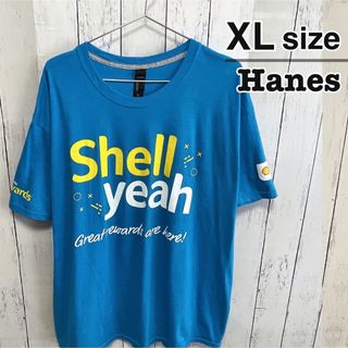 ヘインズ(Hanes)のHanes　Tシャツ　XL　ブルー　水色　企業ロゴ　車　プリント　USA古着(Tシャツ/カットソー(半袖/袖なし))