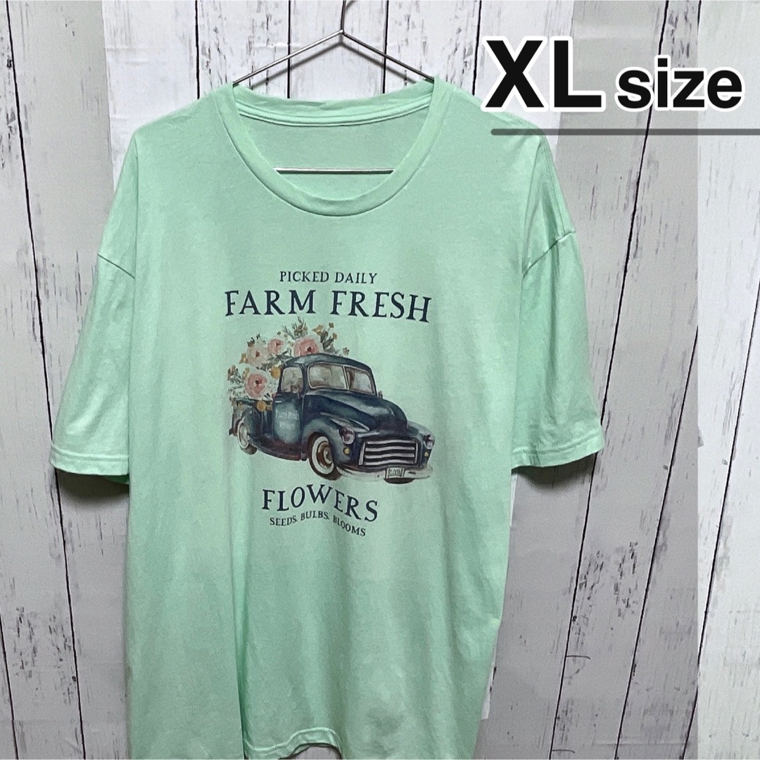 USA古着　Tシャツ　XL　ミントグリーン　黄緑　プリント　車　フラワー　花 メンズのトップス(Tシャツ/カットソー(半袖/袖なし))の商品写真