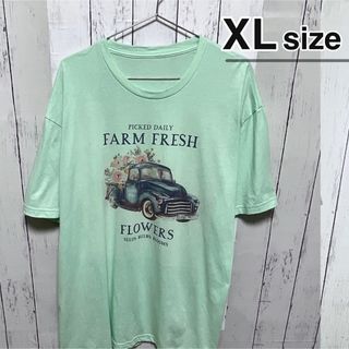 USA古着　Tシャツ　XL　ミントグリーン　黄緑　プリント　車　フラワー　花(Tシャツ/カットソー(半袖/袖なし))