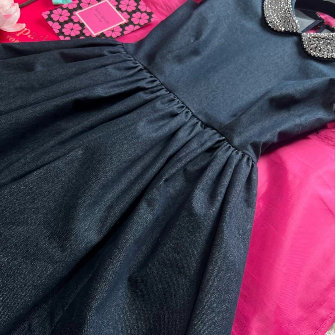 美品】kate spade ビジュー襟フレアワンピース デニム 膝丈 0 美品】kate spade ビジュー襟フレアワンピース デニム 膝丈 0