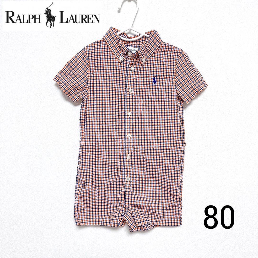 Ralph Lauren(ラルフローレン)のラルフローレン　カバーオール　80 チェック オレンジ　ネイビー　ロンパース キッズ/ベビー/マタニティのベビー服(~85cm)(ロンパース)の商品写真