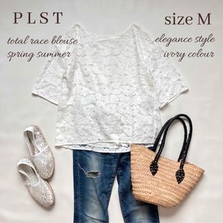 PLST - ◆美品◆PLST◆総レース半袖ブラウス◆ホワイト白◆花柄レース◆ゆったり◆M