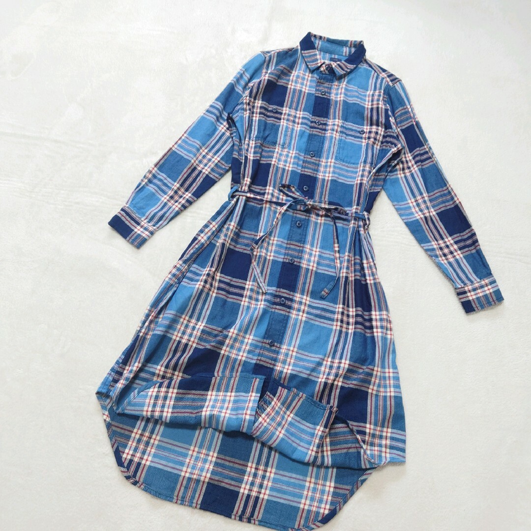ichi(イチ)のイチ　シャツワンピース　ロングワンピース　チェック　羽織　ゆったりサイズ　美品 レディースのワンピース(ロングワンピース/マキシワンピース)の商品写真
