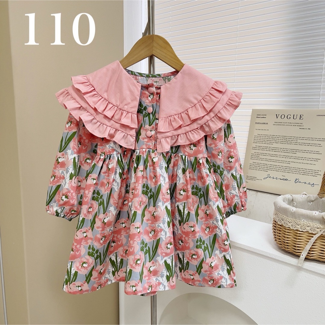 花柄 女の子　キッズ　ワンピース　110 フリル　ピンク　ビッグカラー　春　長袖 キッズ/ベビー/マタニティのキッズ服女の子用(90cm~)(ワンピース)の商品写真