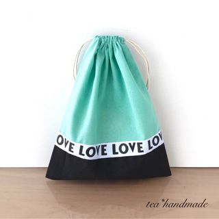 【再販】ハンドメイド 巾着袋 ツートンLOVE ミントグリーン リボン白(外出用品)