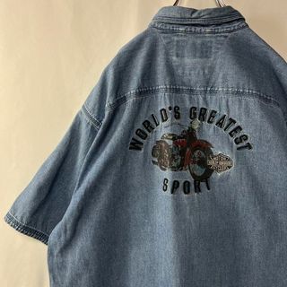 Harley Davidson - ハーレーダビッドソン　半袖デニムシャツ　刺繍ロゴ　ビッグプリント　XLサイズ