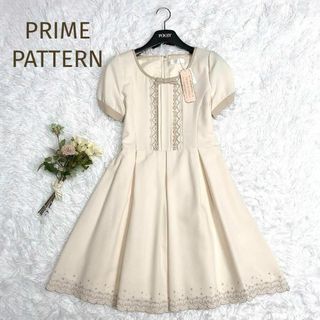 新品タグ付☆PRIME PATTERN☆レースリボン 半袖ワンピース 生成 M(ひざ丈ワンピース)