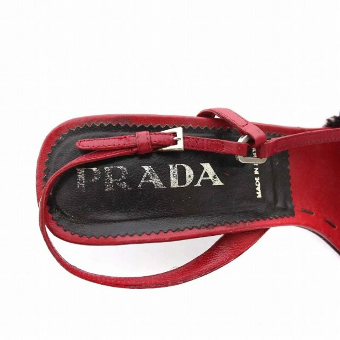 PRADA(プラダ)のプラダ ヒール サンダル ストラップ ツイード 38.5 24.5cm 赤 黒 レディースの靴/シューズ(サンダル)の商品写真