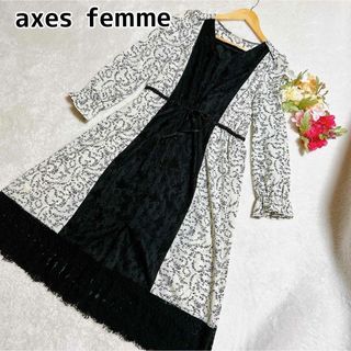 axes femme - アクシーズファム 総柄レース縦ラインワンピース ガウン リボン M